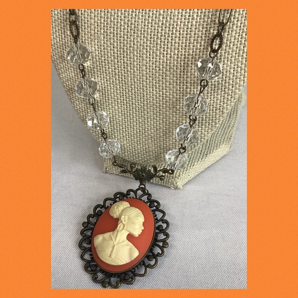 Orange with crystal cameo necklace.